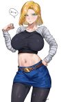  &gt;_&lt; 1girl absurdres android_18 belt black_pantyhose blonde_hair blue_eyes blush breasts closed_mouth denim denim_skirt dragon_ball dragon_ball_z highres impossible_clothes impossible_shirt large_breasts looking_at_viewer midriff navel pantyhose raglan_sleeves shirt simple_background skirt sleepyhead solo speech_bubble sweat white_background 