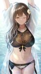  1girl ;) absurdres ahoge arms_up bikini black_bikini brown_hair groin hair_over_shoulder highres idolmaster idolmaster_shiny_colors kuwayama_chiyuki looking_at_viewer navel one_eye_closed outdoors see-through see-through_shirt smile solo swimsuit tland_p 