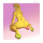  anthro anus backsack balls barefoot belvor blonde_hair butt canid canine canis digital_media_(artwork) erection feet fox fur genitals hair hi_res humanoid_genitalia humanoid_penis looking_at_viewer looking_back male mammal nude pawpads penis penis_backwards raised_tail rear_view simple_background sitting smile solo spread_legs spreading toes yellow_body yellow_fur 
