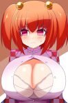  1girl alternate_breast_size bell breasts checkered_clothes checkered_shirt cleavage cleavage_cutout clothing_cutout hair_bell hair_ornament highres huge_breasts motoori_kosuzu orange_hair red_eyes shirt short_hair solo touhou twintails two_side_up wardrobe_malfunction xialu_zajin 