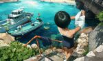  1boy 2girls arm_support black_hair blue_swimsuit boat bridge highres kotatiyu leaf multiple_girls ocean original rock sand scenery shirt shore short_hair sitting stairwell swimsuit tire water watercraft waving white_footwear 