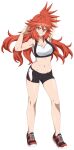  1girl abs absurdres amou_kanade breasts chuunioniika exercise full_body highres large_breasts long_hair midriff red_eyes red_hair senki_zesshou_symphogear simple_background sports_bra sportswear 