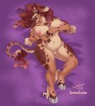  anthro blue_eyes bovid bovine breasts brown_hair cattle female genitals hair hi_res looking_at_viewer lying mammal nude on_back pinup pose pussy solo toxi_de_vyne_(artist) 