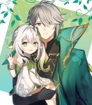  1boy 1girl al-haitham_(genshin_impact) bare_shoulders black_gloves braid carrying closed_mouth dress elf fingerless_gloves genshin_impact gloves green_eyes grey_hair hair_ornament hair_over_one_eye hana_busa_hitsuji hand_up highres leaf looking_at_viewer nahida_(genshin_impact) open_mouth pointy_ears smile symbol-shaped_pupils waving white_hair 