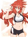  1girl abs absurdres amou_kanade breasts chuunioniika exercise highres large_breasts long_hair midriff red_eyes red_hair senki_zesshou_symphogear simple_background sports_bra sportswear 