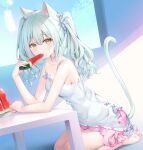  1girl animal_ear_fluff animal_ears bangs bare_arms bare_shoulders barefoot breasts brown_eyes cat_ears cat_girl cat_tail collarbone dress eating flower food green_hair hair_between_eyes hair_flower hair_ornament highres holding holding_food long_hair looking_at_viewer murano original pink_shorts popsicle seiza short_shorts shorts sitting sleeveless sleeveless_dress small_breasts soles solo table tail twintails watermelon_bar white_dress white_flower 