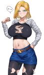  &gt;_&lt; 1girl absurdres android_18 belt black_pantyhose blonde_hair blue_eyes blush breasts closed_mouth denim denim_skirt dragon_ball dragon_ball_z highres impossible_clothes impossible_shirt large_breasts looking_at_viewer midriff navel no_bra pantyhose raglan_sleeves shirt simple_background skirt sleepyhead solo speech_bubble sweat torn_clothes torn_pantyhose torn_shirt white_background 