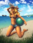  2022 5_fingers ajna anthro beach breasts capreoline cervid clothed clothing day detailed_background digital_media_(artwork) female fingers hat headgear headwear hi_res hooves kneeling mammal outside reindeer sand seaside shoreline sky smile solo water 