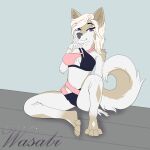  absurd_res anthro bikini braelynn_auburn breasts canid canine canis clothing curled_tail digital_drawing_(artwork) digital_media_(artwork) domestic_dog female fur hair hi_res husky looking_at_viewer mammal nordic_sled_dog simple_background smile solo spitz swimwear thick_thighs wasabikitten 