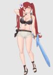  absurdres adapted_costume alternate_costume arm_behind_head breasts commission ebinku feet fire_emblem fire_emblem_awakening fire_emblem_heroes flower hair_flower hair_ornament highres navel red_hair sandals severa_(fire_emblem) shorts swimsuit sword tsundere twintails weapon 