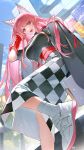  1girl animal_ears ankle_socks belt breasts checkered_clothes checkered_dress dress foot_out_of_frame from_behind girls&#039;_frontline girls&#039;_frontline_neural_cloud gloves hand_in_own_hair highres jacket jacket_on_shoulders large_breasts long_dress long_hair looking_at_viewer maosen official_alternate_costume open_mouth outdoors persicaria_(girls&#039;_frontline_nc) pink_eyes pink_hair red_belt red_gloves ribbed_shirt shirt shoes short_sleeves sky smile sneakers socks solo white_footwear white_socks 