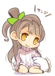  1girl bow brown_hair chibi closed_mouth full_body hair_bow long_hair looking_at_viewer love_live! love_live!_school_idol_project minami_kotori mota one_side_up simple_background smile solo sweater turtleneck turtleneck_sweater white_background yellow_eyes 