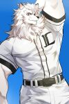  2022 absurd_res anthro baseball_uniform belt blue_background bottomwear chung0_0 clothing felid fur hand_behind_head hi_res leo_(saitama_seibu_lions) lion male mammal mascot nippon_professional_baseball pantherine saitama_seibu_lions simple_background solo sportswear topwear uniform white_body white_bottomwear white_clothing white_fur white_topwear 