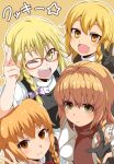  4girls :d azusa_(cookie) bangs black_gloves black_vest blonde_hair blush bow braid brown_eyes closed_mouth commentary cookie_(touhou) english_commentary fang glasses gloves hair_between_eyes hair_bow kirisame_marisa long_hair looking_at_viewer marine_(46586031) mars_(cookie) multiple_girls one_eye_closed open_mouth partially_fingerless_gloves pink_bow puffy_short_sleeves puffy_sleeves red-framed_eyewear red_scarf rei_(cookie) ringed_eyes scarf shirt short_sleeves single_braid smile touhou turtleneck upper_body uzuki_(cookie) v vest white_shirt yellow_eyes 