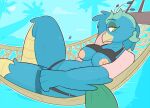  2017 anthro avian beak bikini bird blue_body blue_feathers blush breasts clothed clothing detailed_background feathers female genitals green_body green_eyes green_feathers kilinah lying nipples partially_clothed pussy smile solo swimwear 