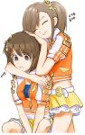  2girls :t absurdres bob_cut brown_eyes brown_hair closed_eyes futami_mami hagiwara_yukiho hair_ornament hand_on_another&#039;s_head heads_together highres hug hug_from_behind idolmaster matching_outfit midriff miniskirt multiple_girls musical_note musical_note_hair_ornament navel ponytail short_hair skirt soayo tearing_up white_background yuri 