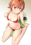  1girl adjusting_clothes adjusting_swimsuit arm_behind_back barefoot bikini blush breasts brown_eyes brown_hair commentary_request embarrassed flower from_above gekota hair_flower hair_ornament halterneck hand_up legs looking_at_viewer medium_hair misaka_mikoto navel pulled_by_self raika9 red_bikini side-tie_bikini sitting sitting_on_pillow small_breasts solo string_bikini string_pull swimsuit thighs toaru_kagaku_no_railgun toaru_majutsu_no_index wavy_mouth white_flower 