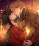  1boy 1girl amesbloom black_hair blonde_hair blurry blurry_background blush city city_lights coat couple earrings gloves green_eyes highres jewelry kiss long_hair looking_at_another outdoors red_sweater scarf_pull sparkle spy_x_family sweater twilight_(spy_x_family) upper_body yor_briar 