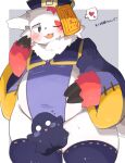 &lt;3 2022 anthro biped blush chubby_anthro chubby_male claws clothed clothing convenient_censorship digital_media_(artwork) hi_res male navel nintendo overweight pok&eacute;mon pok&eacute;mon_(species) rokacake simple_background smile solo taoist_talisman thick_thighs tongue tongue_out video_games zangoose 