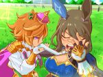  2girls admire_vega_(umamusume) animal_ears armor breasts brown_hair cape cleavage closed_eyes crown day detached_collar dogeyama_um ear_piercing facepalm fingerless_gloves gloves grass horse_ears kiss long_hair medium_breasts mini_crown multiple_girls necktie object_kiss open_mouth orange_hair outdoors piercing purple_eyes shirt short_hair shoulder_armor sparkle sweatdrop t.m._opera_o_(umamusume) umamusume upper_body v-shaped_eyebrows white_gloves white_necktie white_shirt 