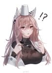 !? 1girl absurdres animal_ears breasts brown_hair coffee_mug commentary_request cup cup_on_head dripping girls&#039;_frontline girls&#039;_frontline_neural_cloud hair_between_eyes highres kirby_d_a labcoat large_breasts long_hair long_sleeves looking_at_viewer mug off_shoulder open_mouth persicaria_(girls&#039;_frontline_nc) red_eyes ribbed_shirt shirt simple_background solo spill turtleneck upper_body weibo_username wet wet_clothes wet_hair white_background 