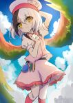  1girl absurdres bangs blue_sky brown_eyes closed_mouth cloud gradient_sky hand_on_headwear highres hollow_song_of_birds kayon_(touzoku) looking_at_viewer multicolored_wings rainbow_gradient rainbow_wings red_socks red_trim shirt short_hair short_sleeves skirt sky smile socks solo test_tube torisumi_horou touhou white_hair white_headwear white_shirt white_skirt wings 