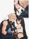  ! !! 1boy 1girl bare_shoulders black_hair blonde_hair blue_eyes blush breasts bruise bruise_on_face cloud_strife crop_top ear_blush earrings embarrassed final_fantasy final_fantasy_vii final_fantasy_vii_remake fingerless_gloves gloves hands_on_another&#039;s_face highres injury jewelry large_breasts long_hair looking_at_another maiii_(smaii_i) red_eyes simple_background sitting skirt sleeveless sleeveless_turtleneck spiked_hair suspender_skirt suspenders sweat sweater tank_top tifa_lockhart turtleneck turtleneck_sweater white_tank_top 