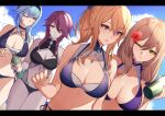  4girls ass_visible_through_thighs bare_shoulders beads bikini black_choker black_swimsuit blonde_hair blue_bikini blue_eyes blue_hair blue_sky blush bottle breasts brown_hair choker cleavage closed_mouth day eula_(genshin_impact) flower genshin_impact green_eyes hair_between_eyes hair_flaps hair_flower hair_ornament hairband hibiscus highres holding holding_bottle jean_(genshin_impact) large_breasts lisa_(genshin_impact) long_hair looking_at_another medium_breasts multiple_girls one-piece_swimsuit one_eye_closed open_mouth outdoors parted_lips pnatsu ponytail purple_eyes purple_hair red_flower red_hair rosaria_(genshin_impact) side-by-side side-tie_bikini sidelocks sky smile swimsuit tan thigh_gap upper_body 
