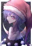  1girl 33_gaff bangs doremy_sweet hat looking_at_viewer nightcap open_mouth outside_border pom_pom_(clothes) purple_eyes purple_hair red_headwear short_hair sky solo star_(sky) starry_sky touhou upper_body 