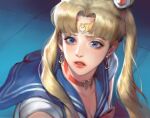  1girl bangs bishoujo_senshi_sailor_moon blonde_hair blue_eyes blue_sailor_collar blurry bow breasts choker cleavage commentary crescent crescent_earrings depth_of_field earrings english_commentary eyelashes eyeshadow hair_bun hair_over_shoulder heart heart_choker highres jewelry long_hair looking_afar looking_to_the_side magical_girl makeup meme parted_bangs parted_lips red_lips ryeowon_kwon sailor_collar sailor_moon sailor_moon_redraw_challenge_(meme) sailor_senshi_uniform solo tiara tile_floor tiles tsukino_usagi twintails upper_body 
