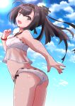  1girl ahoge akizuki_(kancolle) ass_visible_through_thighs bikini black_hair black_headband blue_sky bracelet breasts clothes_writing cloud commentary_request fuji_(pixiv24804665) grey_eyes hachimaki headband highres jewelry kantai_collection looking_at_viewer official_alternate_costume ponytail sky small_breasts solo swimsuit white_bikini 