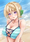  1girl bikini blonde_hair braid braided_bangs braided_bun breasts collarbone green_bikini hair_bun highres kantai_collection koru_pera large_breasts long_hair official_alternate_costume perth_(kancolle) purple_eyes solo striped striped_bikini swimsuit upper_body 