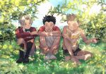  3boys :d absurdres ace_attorney barefoot black_bow black_bowtie black_hair black_shorts black_socks blue_sky bow bowtie brown_hair brown_shorts crossed_arms day grass grey_hair grey_shorts highres knee_up kneehighs larry_butz long_sleeves male_focus miles_edgeworth multiple_boys outdoors phoenix_wright shannai_(sugino16) shirt shorts sitting sky sleeveless sleeveless_shirt smile socks spiked_hair striped striped_shirt white_socks younger 
