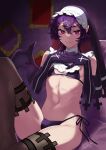  1boy bangs bikini blurry blurry_background brown_thighhighs bulge commission crossdressing demon_wings elbow_gloves eyelashes feet_out_of_frame gloves habit hair_between_eyes hair_ornament hairclip hands_up highres indoors knee_up looking_at_viewer male_focus medium_hair navel original otoko_no_ko own_hands_together pointy_ears potti-p purple_bikini purple_eyes purple_gloves purple_hair shadow side-tie_bikini sitting skeb_commission smile solo swimsuit thighhighs thighs wings 