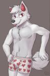  blep blerp boxers_(clothing) bulge canid canid_demon canine canis chest_tuft clothing curled_tail demon domestic_dog fur heart_boxers heart_underwear hellhound hi_res horn leaning male mammal navel nordic_sled_dog pecs red_eyes samoyed solo spitz tongue tongue_out tuft underwear white_body white_fur wonivero 