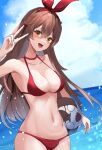  1girl :d absurdres amber_(genshin_impact) bangs bare_arms bare_shoulders baron_bunny_(genshin_impact) bikini blue_sky blush breasts brown_hair cloud collarbone commentary_request day genshin_impact hair_between_eyes hair_ribbon hand_up head_tilt highres holding large_breasts long_hair looking_at_viewer navel ocean open_mouth red_bikini red_ribbon ribbon sky smile solo stomach suma_saichi swimsuit upper_body v very_long_hair water yellow_eyes 