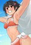  1girl bikini blue_sky breasts brown_eyes cloud cowboy_shot gradient_bikini grin hair_ornament highres kantai_collection orange_bikini outstretched_arms sendai_(kancolle) side-tie_bikini sky small_breasts smile solo swimsuit tooku_nomura_(artist) towel two_side_up 