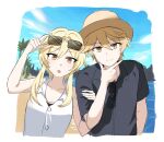  1boy 1girl absurdres aether_(genshin_impact) bare_shoulders black_shirt blonde_hair closed_mouth genshin_impact hair_between_eyes hat highres lix long_hair lumine_(genshin_impact) off_shoulder open_mouth shirt short_hair smile sunglasses v_over_mouth white_shirt yellow_eyes 