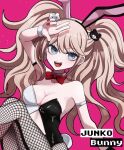  1girl animal_ears bangs bare_shoulders bear_hair_ornament black_leotard blonde_hair bow bowtie breasts character_name cleavage collarbone danganronpa:_trigger_happy_havoc danganronpa_(series) enoshima_junko fake_animal_ears fake_tail fishnet_pantyhose fishnets hair_ornament hand_up leotard long_hair medium_breasts mikao_(eanv5385) nail_polish official_alternate_costume pantyhose pink_background rabbit_tail red_bow red_bowtie red_nails simple_background solo tail twintails white_leotard wrist_cuffs 