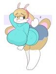  anthro big_breasts blush breasts clothed clothing female fluffy fluffy_tail fur hi_res kilinah lagomorph leporid mammal mature_female multicolored_body multicolored_fur rabbit simple_background smile solo thick_thighs two_tone_body two_tone_fur white_body white_fur wide_hips yellow_body yellow_fur 