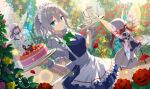  3girls apron black_hair blue_dress blue_eyes braid cake closed_mouth dress fairy fairy_maid_(touhou) fairy_wings flower food gotyou hair_between_eyes hat holding izayoi_sakuya long_hair maid maid_headdress mob_cap multiple_girls pink_flower puffy_short_sleeves puffy_sleeves red_flower red_hair red_rose rose short_hair short_sleeves smile touhou twin_braids waist_apron white_apron white_hair white_headwear wings wrist_cuffs yellow_flower 