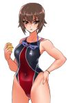  1girl bangs bracelet brown_eyes brown_hair closed_mouth commentary competition_swimsuit covered_navel girls_und_panzer goggles goggles_around_neck hand_on_hip highleg highleg_swimsuit holding jewelry kilesha looking_at_viewer nishizumi_maho one-piece_swimsuit red_swimsuit short_hair simple_background solo standing swimsuit white_background 