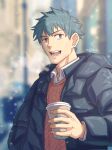  1boy :d absurdres black_jacket blue_hair blurry blurry_background breath brown_eyes brown_sweater collared_shirt cup disposable_cup down_jacket fate/grand_order fate_(series) highres holding holding_cup jacket looking_at_viewer male_focus open_collar saitou_hajime_(fate) shirt short_hair smile snowing solo spiked_hair sweater teeth twitter_username upper_body white_shirt yaosan233 