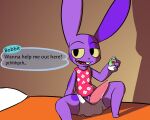  2018 alternate_species animal_crossing anthro balls_in_underwear bed biped bob_(animal_crossing) clothed clothing dialogue digital_media_(artwork) english_text erection floral_pattern floral_print furniture genitals hi_res lagomorph leporid male mammal nintendo on_bed open_mouth penis purple_body rabbit rabblet shirt simple_background sitting sitting_on_bed solo tapering_penis text topwear video_games 