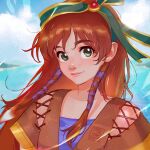  1girl blue_dress brown_hair brown_tunic chrono_cross dress fumezu1 green_eyes hair_between_eyes hair_ribbon hairband highres leena_(chrono_cross) long_hair looking_at_viewer ocean outdoors purple_ribbon ribbon sidelocks smile solo upper_body 