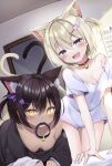  2girls :d animal_ear_fluff animal_ears bell black_hair black_shirt blonde_hair blue_eyes breasts calendar_(object) cat_ears cat_girl cat_tail choker cleavage dark-skinned_female dark_skin downblouse extra_ears fang hair_ornament heart heart_hair_ornament heart_tail_duo highres hyurasan layered_sleeves long_sleeves looking_at_viewer medium_breasts mouth_hold multiple_girls naked_shirt neck_bell no_bra off_shoulder one_side_up original oversized_clothes oversized_shirt shirt short_hair short_over_long_sleeves short_sleeves skin_fang smile spade_hair_ornament tail white_shirt wing_hair_ornament yellow_eyes 