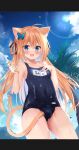 1girl :d ahoge animal_ear_fluff animal_ears bangs bare_arms bare_shoulders black_swimsuit blonde_hair blue_eyes blue_sky blush breasts butterfly_hair_ornament cat_ears cat_girl cat_tail cloud collarbone commentary_request covered_navel day fang hair_between_eyes hair_ornament hands_up holding kujou_danbo long_hair looking_at_viewer nail_polish old_school_swimsuit one-piece_swimsuit original outdoors palm_tree pink_nails school_swimsuit sky small_breasts smile solo swimsuit tail tail_under_clothes tree very_long_hair water_drop 