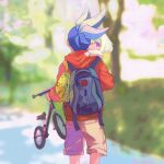  backpack bag bicycle blue_hair blurry blurry_background brown_shorts carrying carrying_person child from_behind galo_thymos green_hair ground_vehicle holding hood hoodie lio_fotia male_focus mohawk promare red_hoodie short_hair shorts sidecut somu_ki toddler younger 