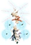  1boy 1girl 45liza109 alisaie_leveilleur alphinaud_leveilleur boots brother_and_sister elezen elf final_fantasy final_fantasy_xiv floating floating_object floating_weapon gloves glowing glowing_sword glowing_weapon highres jacket looking_at_viewer midair pointy_ears red_jacket siblings smile thigh_boots twins upside-down weapon white_footwear white_gloves white_hair 
