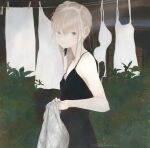  1girl black_dress blonde_hair bra bra_removed breasts clothes_pin clothesline day dress dress_removed grey_eyes hedge highres holding holding_clothes junito715 long_hair looking_at_viewer original outdoors signature small_breasts underwear white_dress 